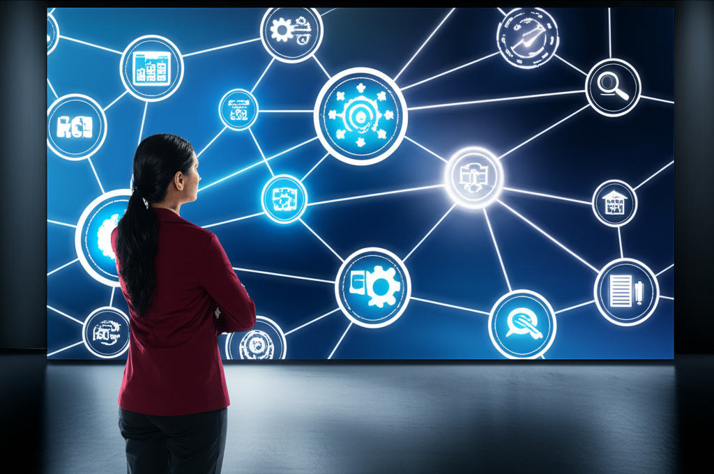 Business professional examining an interconnected AI enterprise system integration map on a wall display